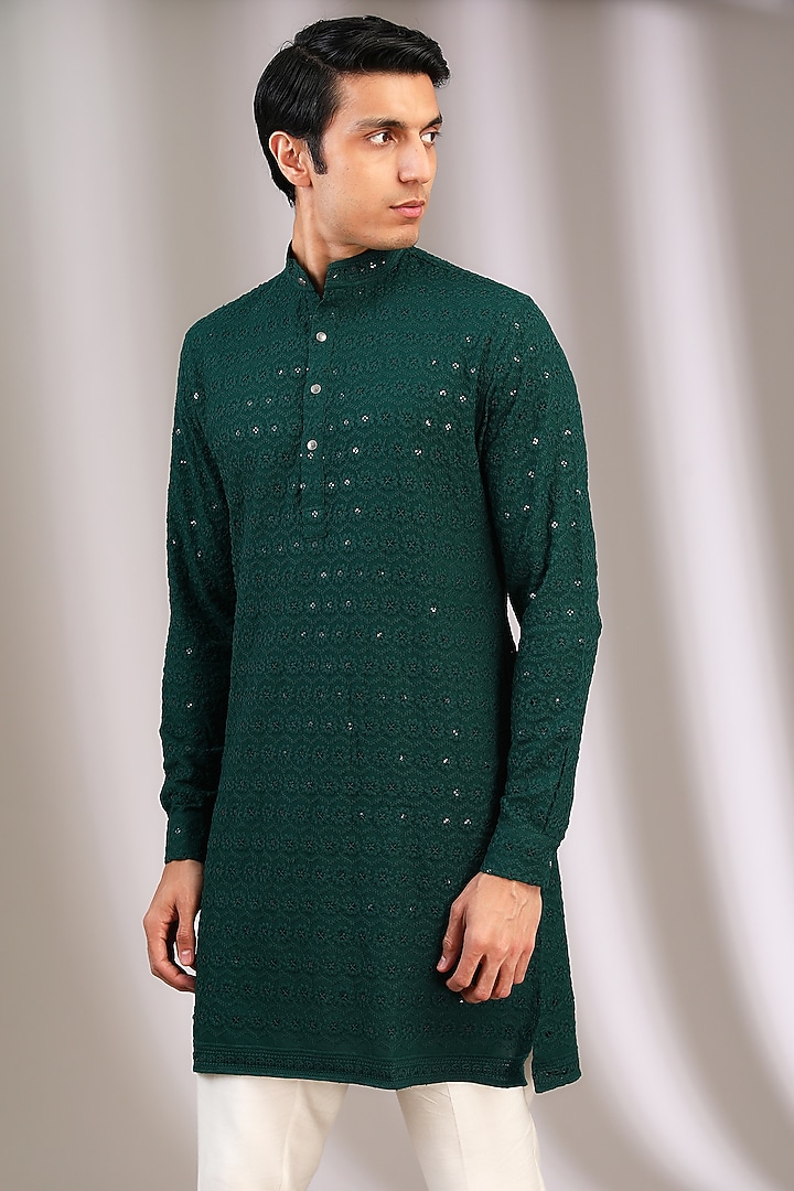 Green Chiffon Sequins Embroidered Kurta by Manoviraj Khosla at Pernia's Pop Up Shop