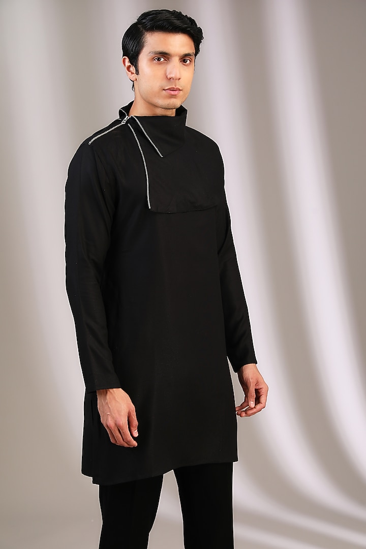 Black Polyester Kurta by Manoviraj Khosla at Pernia's Pop Up Shop
