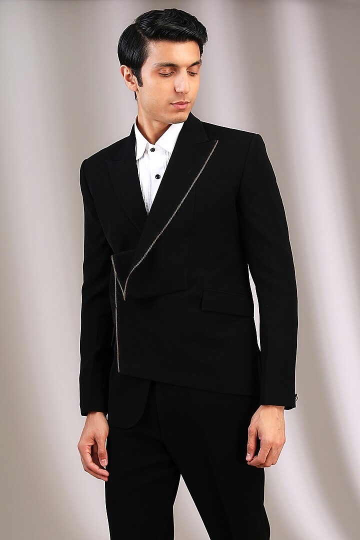 Black Polyester Jacket by Manoviraj Khosla at Pernia's Pop Up Shop