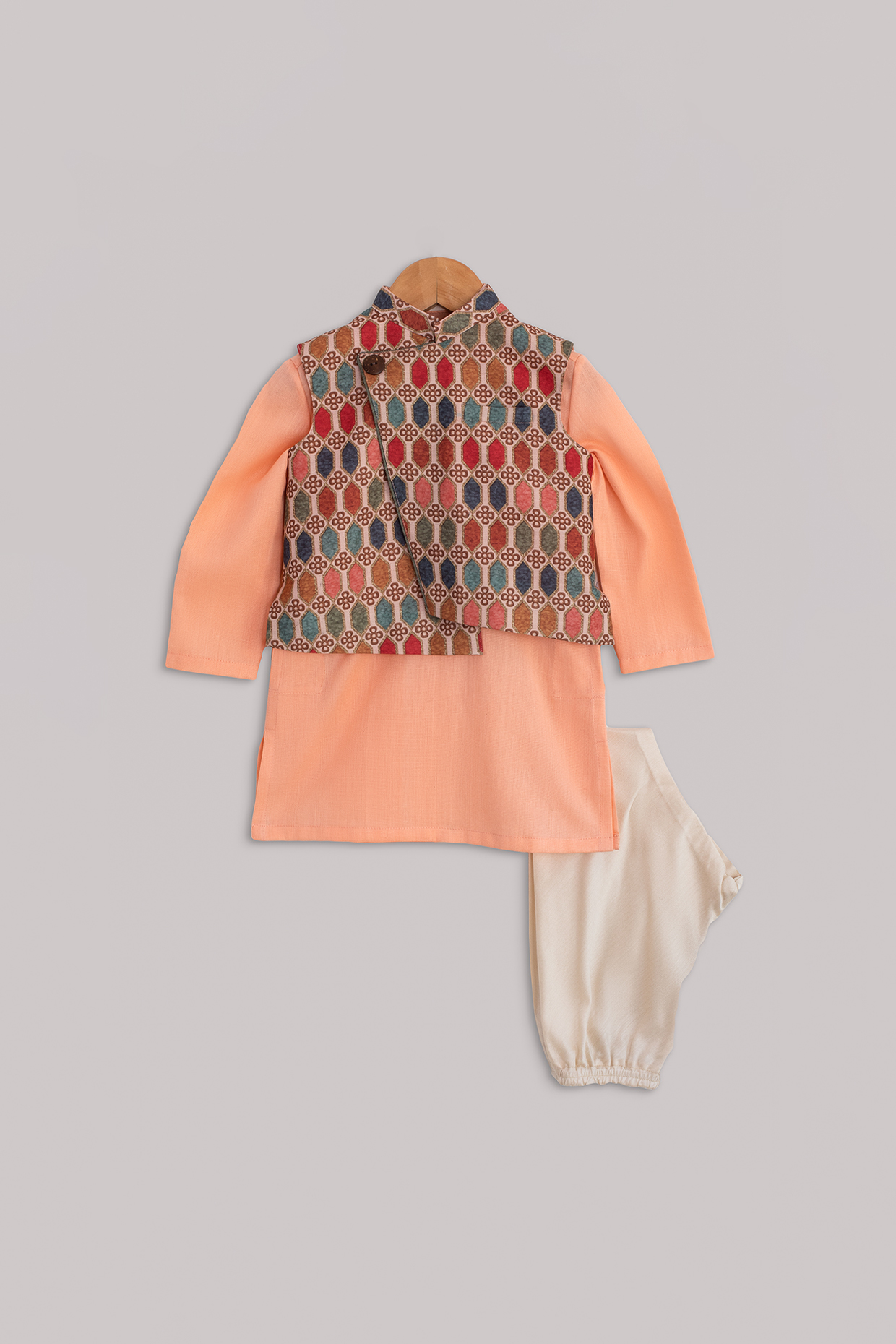 Peach Kurta Set With Multi Colored Jacket For Boys by Minikin at Pernia's Pop Up Shop