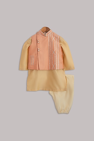 Yellow Kurta Set With Peach Jacket For Boys by Minikin