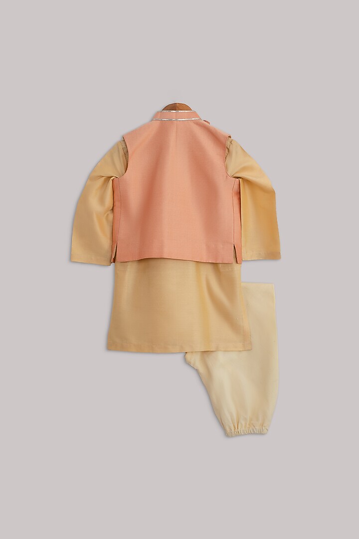 Yellow Kurta Set With Peach Jacket For Boys by Minikin at Pernia's Pop Up Shop