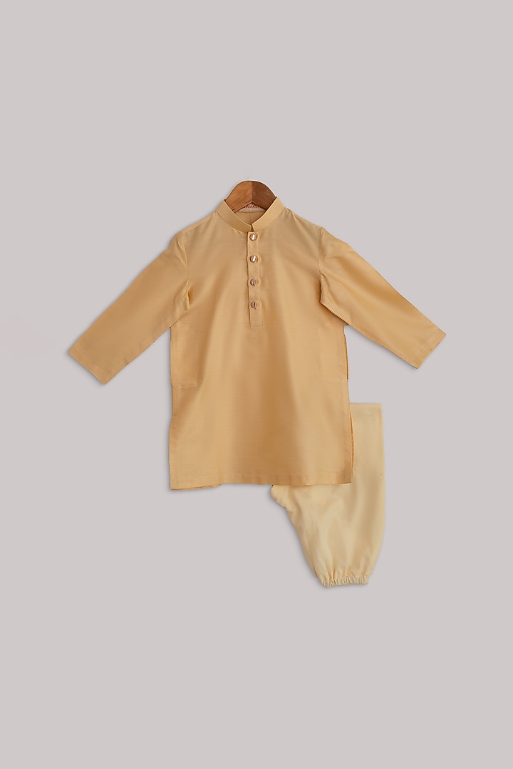 Yellow Kurta Set With Peach Jacket For Boys by Minikin at Pernia's Pop Up Shop