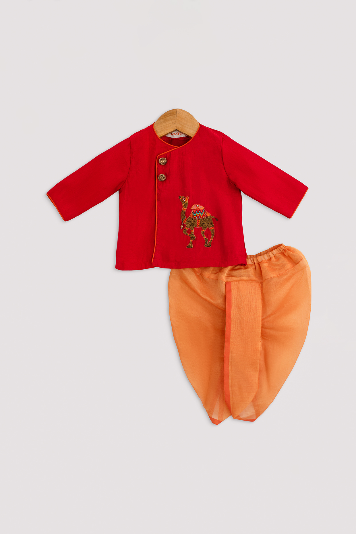 Red Hand Embroidered Kurta Set For Boys by Minikin at Pernia's Pop Up Shop