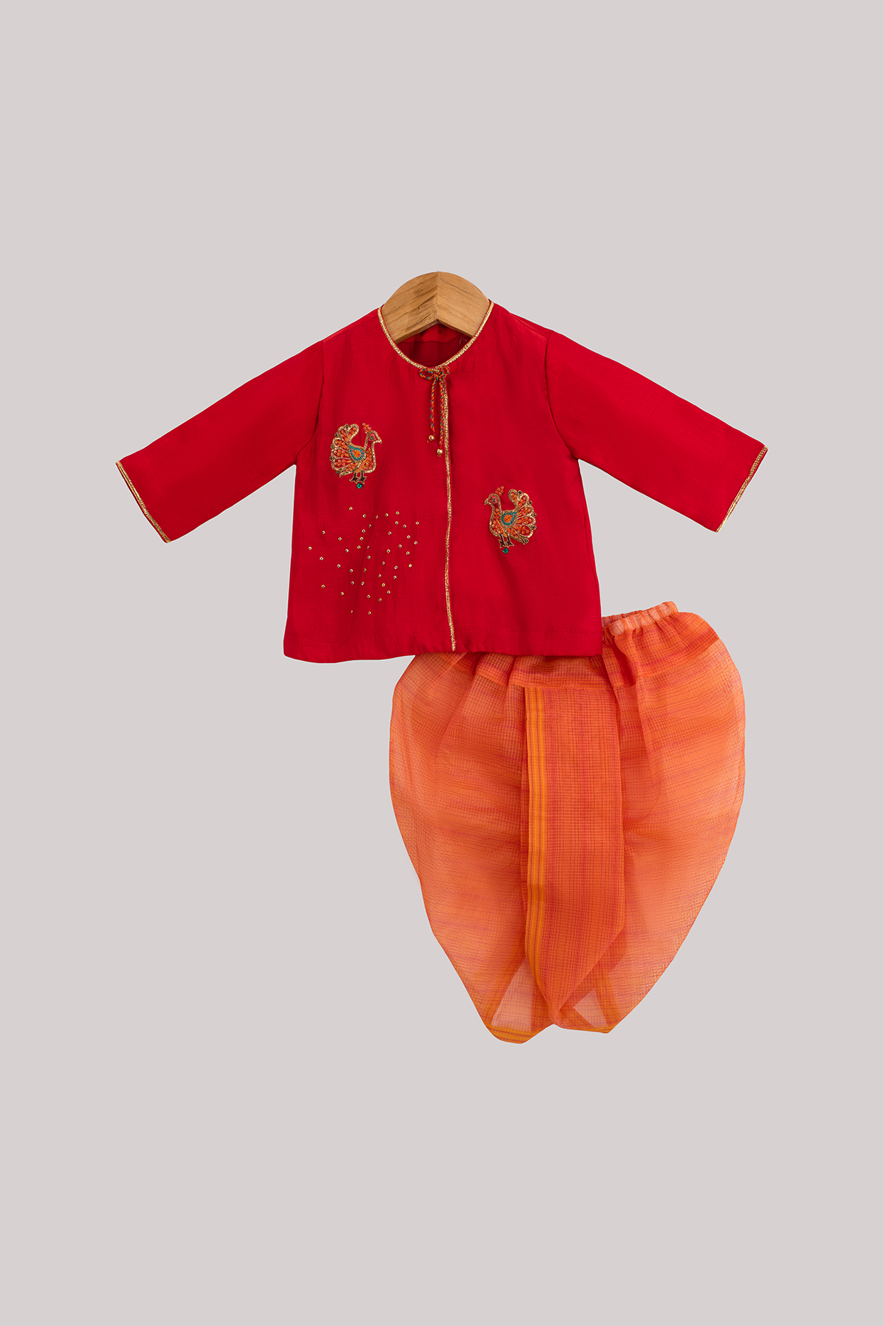 Red Motifs Hand Embroidered Kurta Set For Boys by Minikin at Pernia's Pop Up Shop