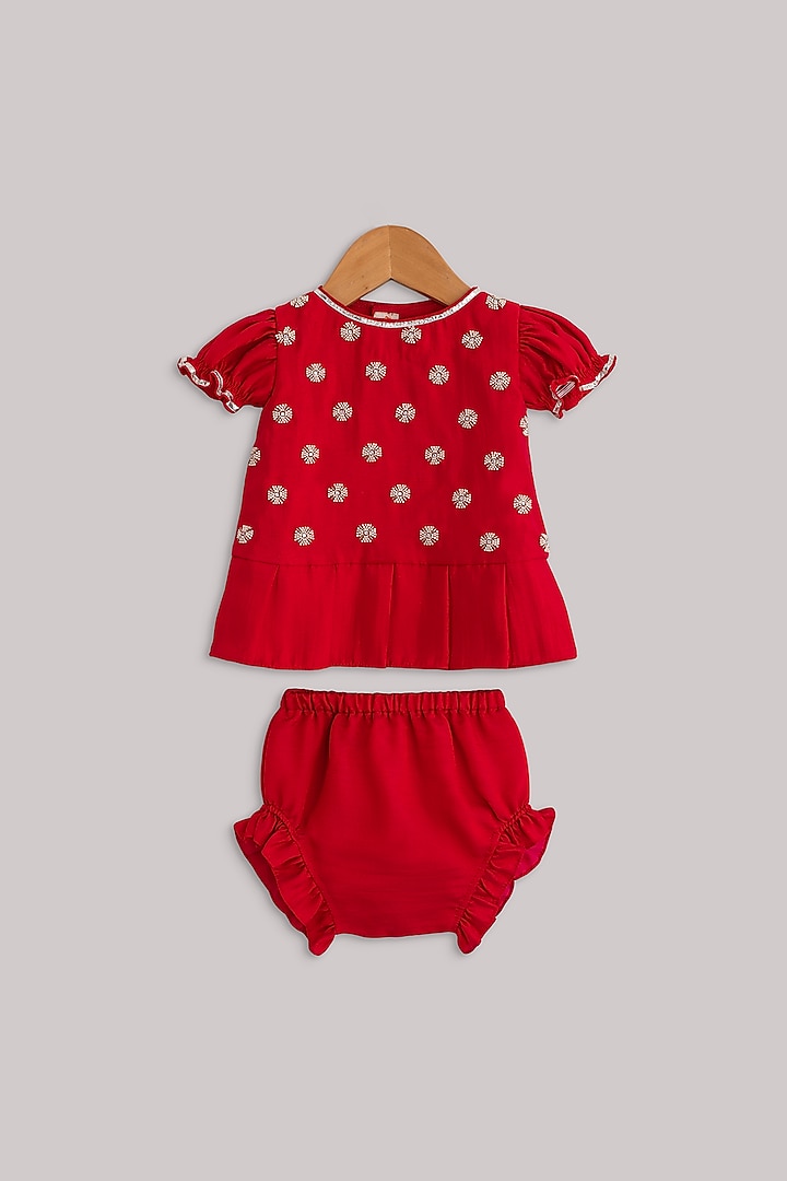 Red Hand Embroidered Top With Shorts For Girls by Minikin