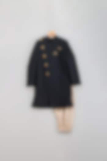 Black Cotton Silk Sherwani Set For Boys by Minikin at Pernia's Pop Up Shop