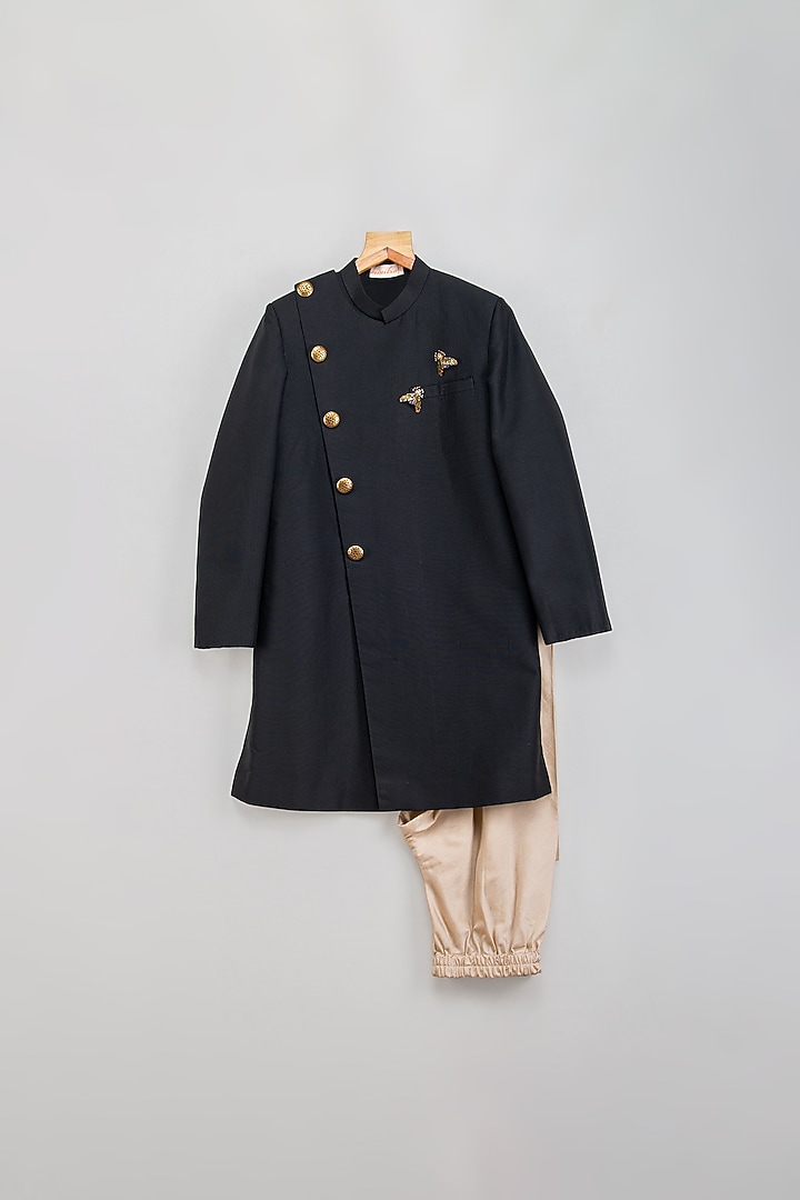 Black Cotton Silk Sherwani Set For Boys by Minikin at Pernia's Pop Up Shop