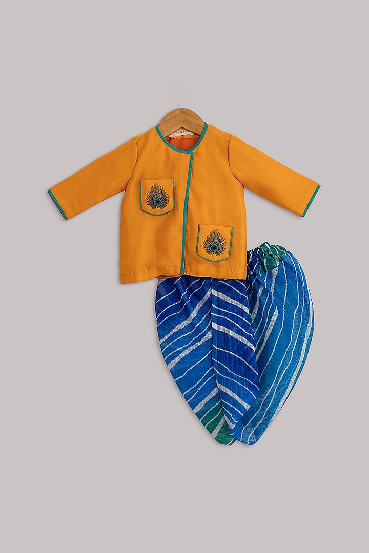 Multi Colored Angrakha Kurta Set With Mor Pankh For Boys by Minikin