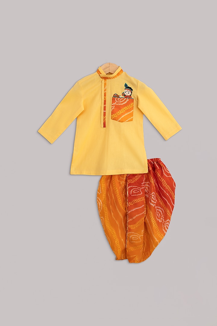 Yellow Krishna Kurta Set For Boys by Minikin