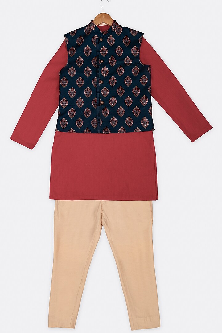 Red Cotton Silk Kurta Set With Nehru Jacket For Boys by Minikin