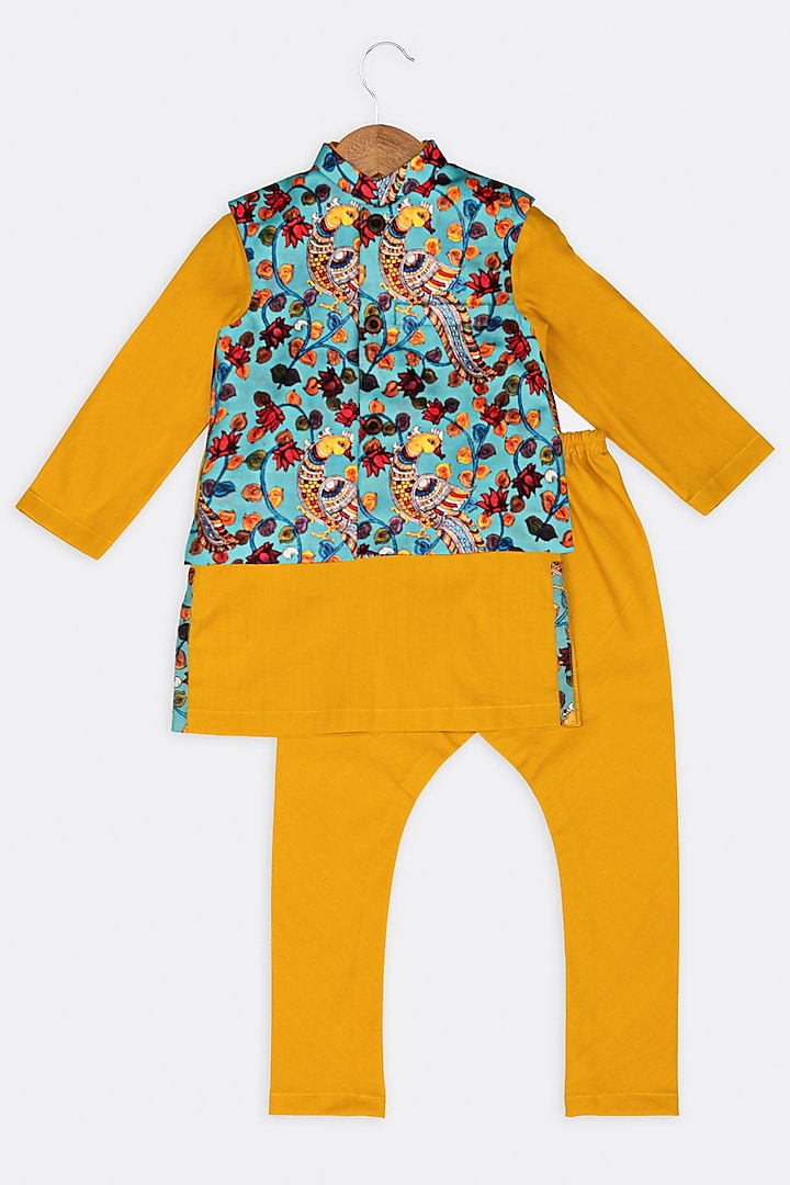 Golden Yellow Poplin Kurta Set With Nehru Jacket For Boys by Minikin