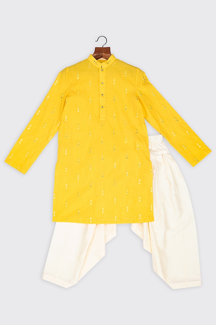 Yellow Embroidered Kurta Set For Boys by Minikin