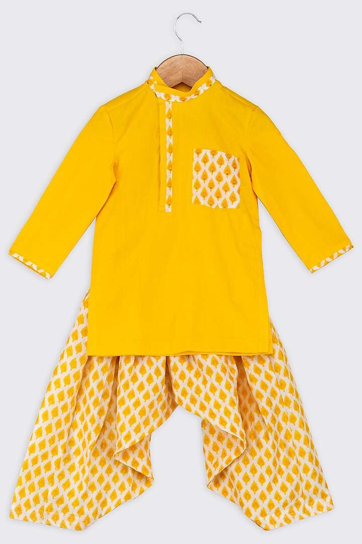 Yellow Printed Kurta Set For Boys by Minikin