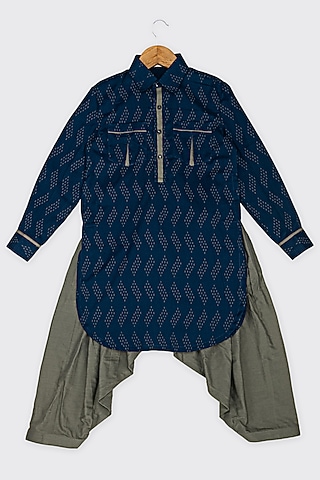 Blue Ikat Printed Kurta Set For Boys by Minikin