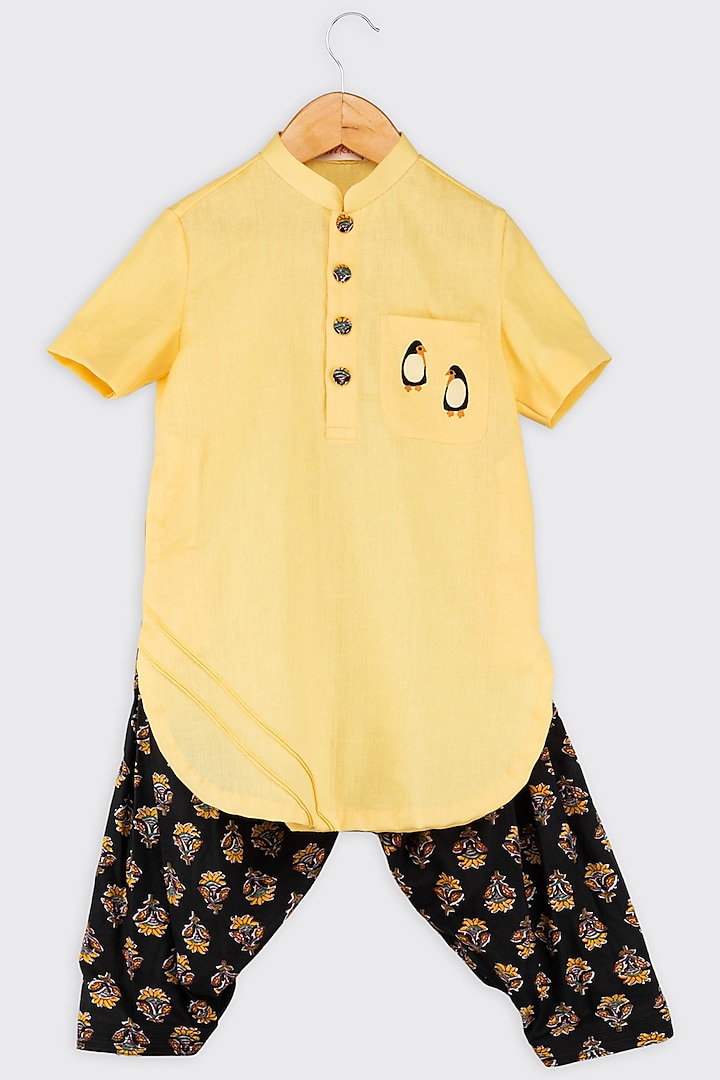 Yellow Machine Embroidered Kurta Set For Boys by Minikin