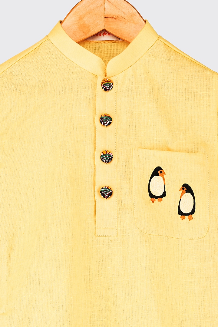 Yellow Machine Embroidered Kurta Set For Boys by Minikin at Pernia's Pop Up Shop