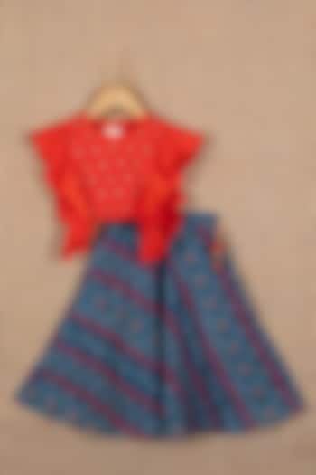 Blue Cotton Silk Bandhej Lehenga Set For Girls by Minikin