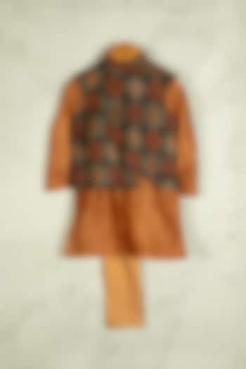Multi-Colored Linen Ikat Printed Nehru Jacket Set For Boys by Minikin