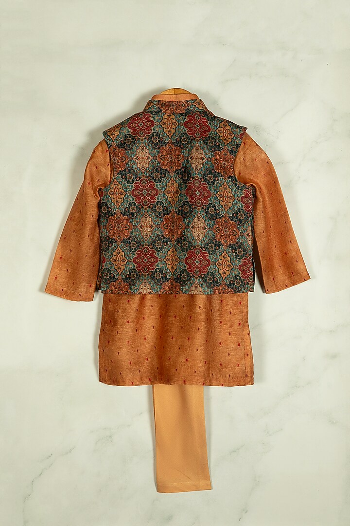 Multi-Colored Linen Ikat Printed Nehru Jacket Set For Boys by Minikin at Pernia's Pop Up Shop