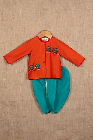 Turquoise Cotton Silk Dhoti Set For Boys by Minikin