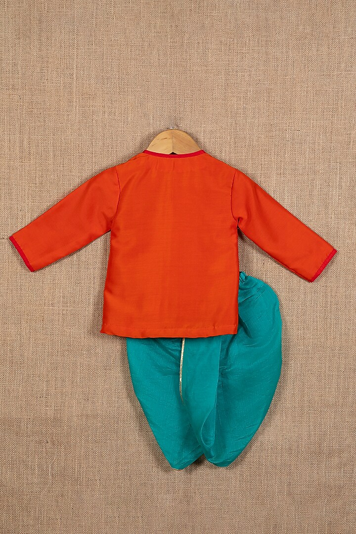 Turquoise Cotton Silk Dhoti Set For Boys by Minikin at Pernia's Pop Up Shop