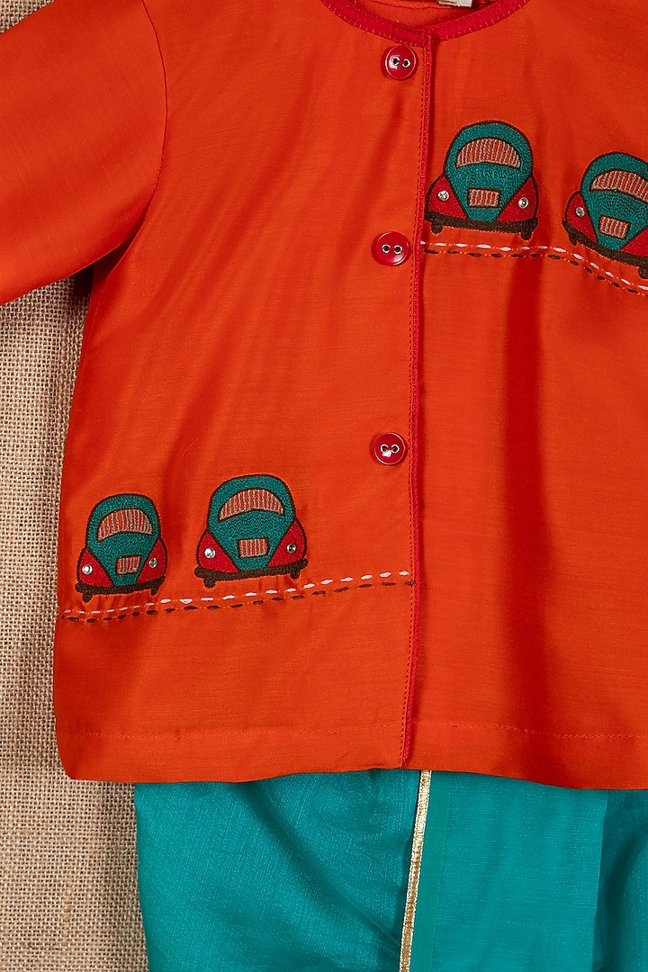 Turquoise Cotton Silk Dhoti Set For Boys by Minikin at Pernia's Pop Up Shop