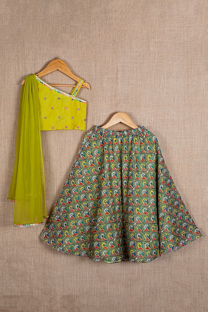 Green Cotton Silk Printed Lehenga Set For Girls by Minikin
