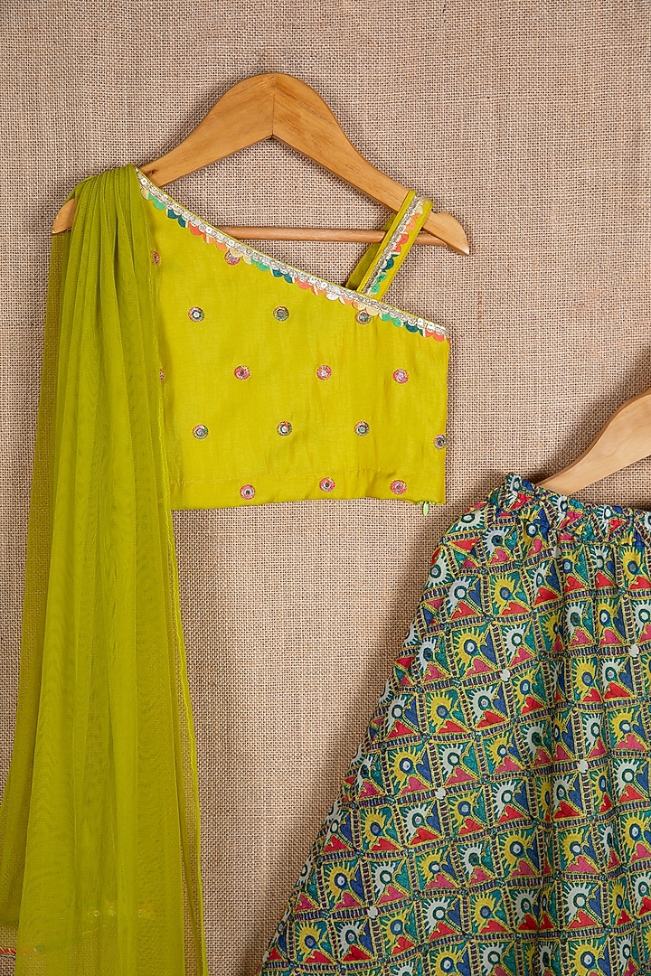 Green Cotton Silk Printed Lehenga Set For Girls by Minikin at Pernia's Pop Up Shop