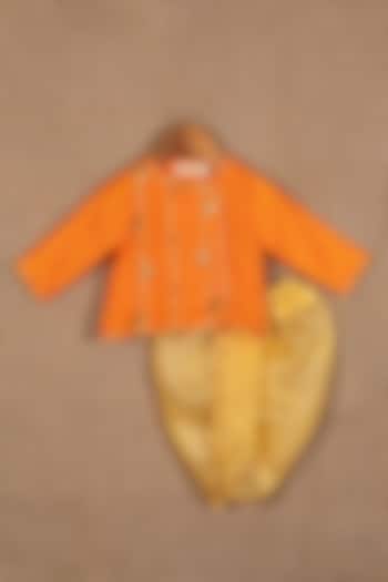 Orange Cotton Silk Gota Embroidered Angrakha Kurta Set For Boys by Minikin