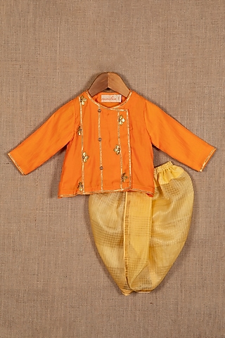 Orange Cotton Silk Gota Embroidered Angrakha Kurta Set For Boys by Minikin