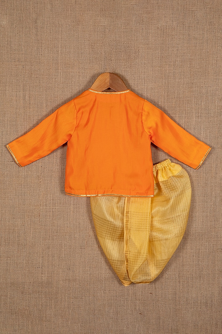Orange Cotton Silk Gota Embroidered Angrakha Kurta Set For Boys by Minikin at Pernia's Pop Up Shop