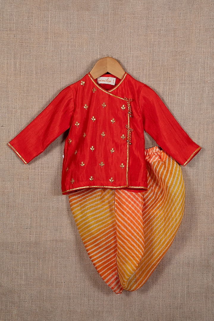 Red Cotton Silk Gota-Patti Embroidered Angrakha Kurta Set For Boys by Minikin