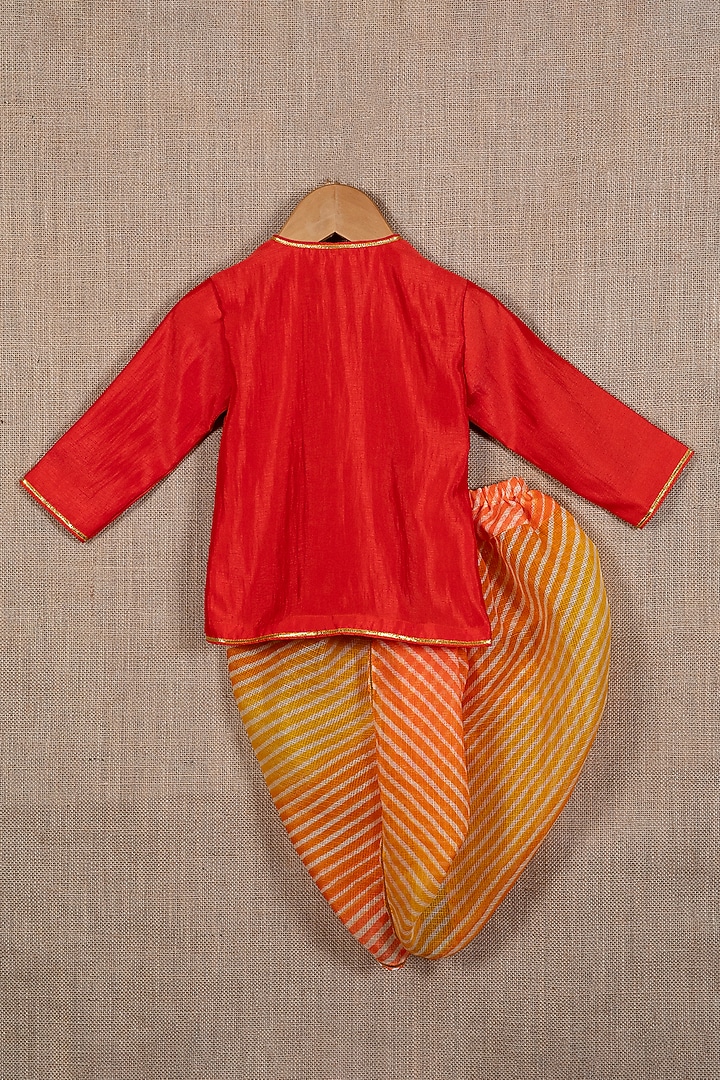 Red Cotton Silk Gota-Patti Embroidered Angrakha Kurta Set For Boys by Minikin at Pernia's Pop Up Shop