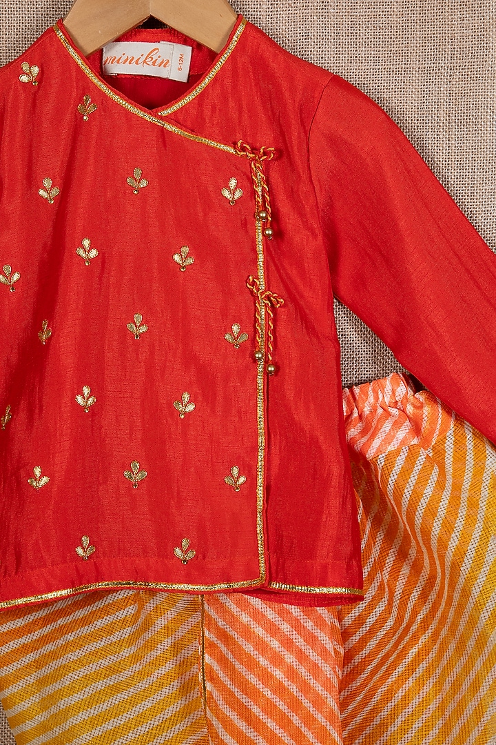 Red Cotton Silk Gota-Patti Embroidered Angrakha Kurta Set For Boys by Minikin at Pernia's Pop Up Shop