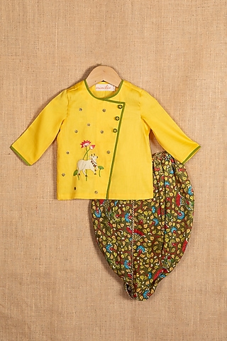 Green Cotton Silk Printed Dhoti Set For Boys by Minikin