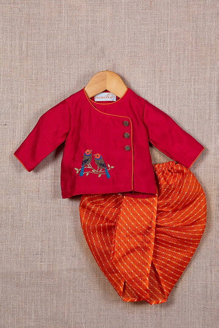 Orange Cotton Silk Leheriya Dhoti Set For Boys by Minikin