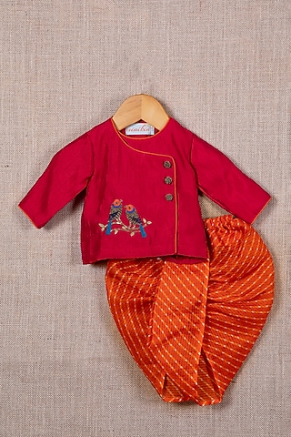 Orange Cotton Silk Leheriya Dhoti Set For Boys by Minikin