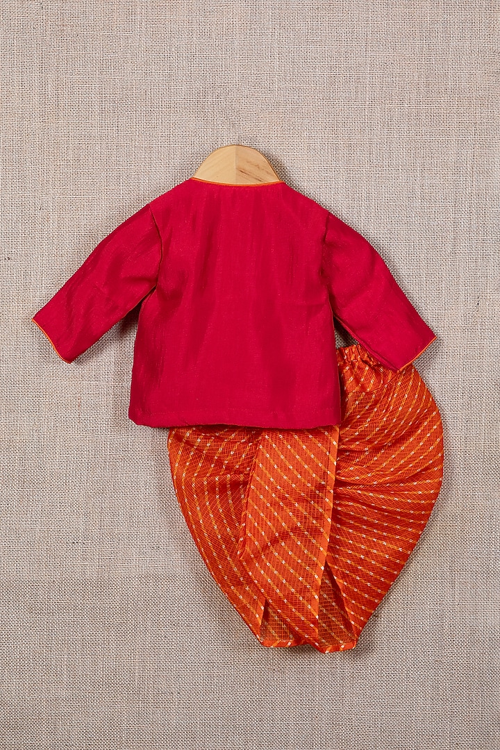 Orange Cotton Silk Leheriya Dhoti Set For Boys by Minikin at Pernia's Pop Up Shop