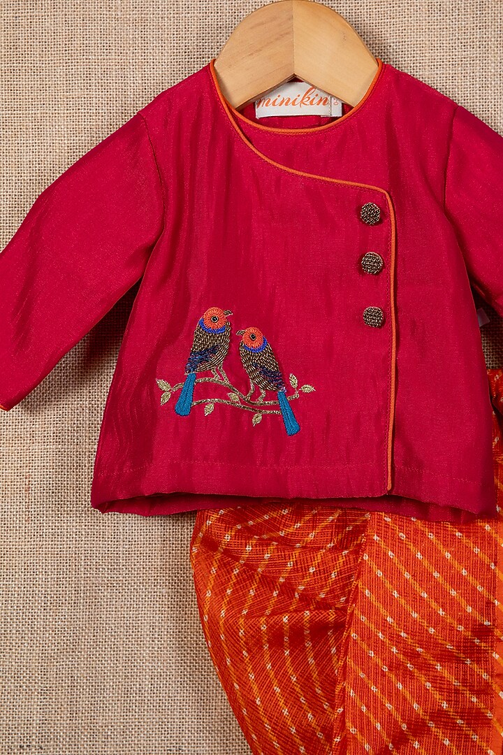 Orange Cotton Silk Leheriya Dhoti Set For Boys by Minikin at Pernia's Pop Up Shop