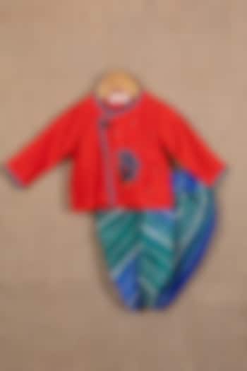 Red Cotton Silk Peacock Embroidered Angrakha Kurta Set For Boys by Minikin