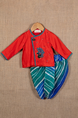 Red Cotton Silk Peacock Embroidered Angrakha Kurta Set For Boys by Minikin