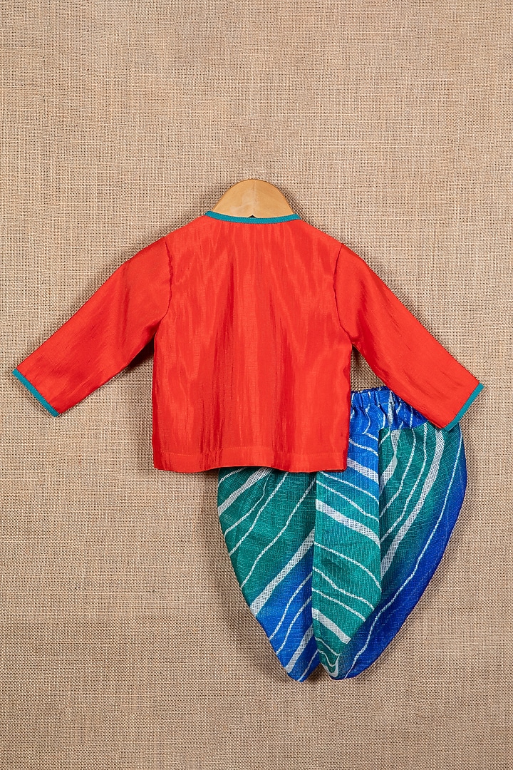 Red Cotton Silk Peacock Embroidered Angrakha Kurta Set For Boys by Minikin at Pernia's Pop Up Shop