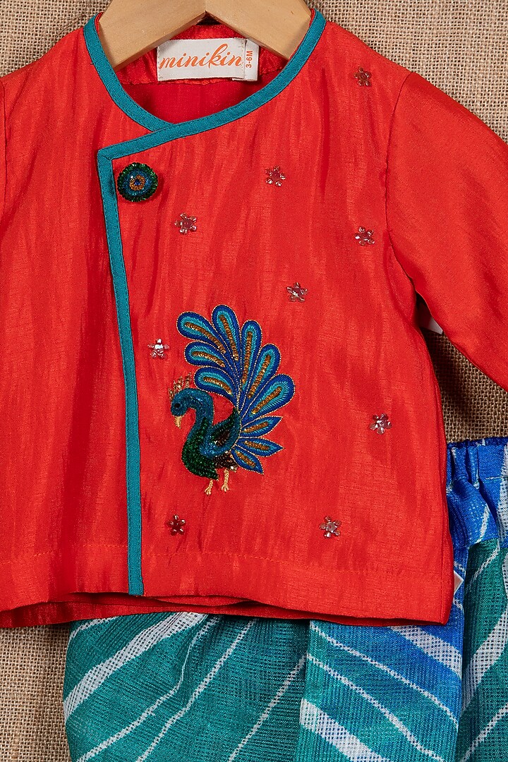 Red Cotton Silk Peacock Embroidered Angrakha Kurta Set For Boys by Minikin at Pernia's Pop Up Shop