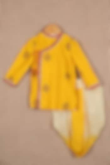 Yellow Silk Zari Boota Embroidered Angrakha Kurta Set For Boys by Minikin