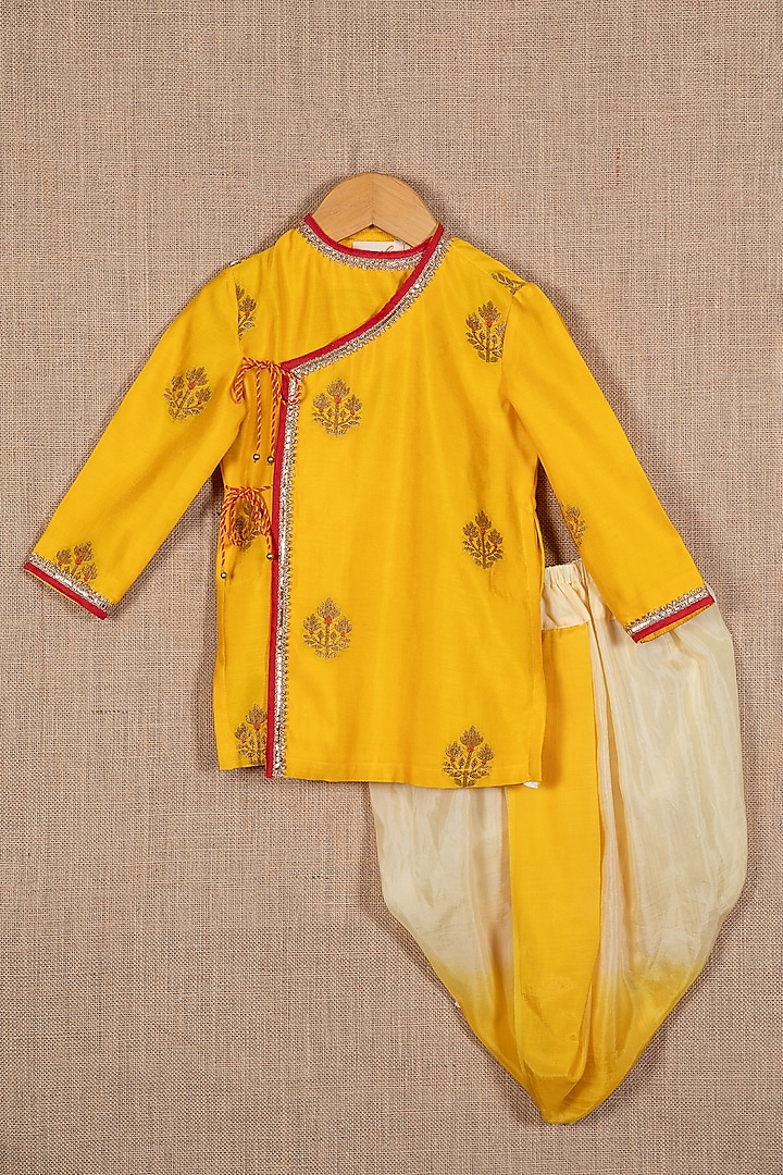 Yellow Silk Zari Boota Embroidered Angrakha Kurta Set For Boys by Minikin