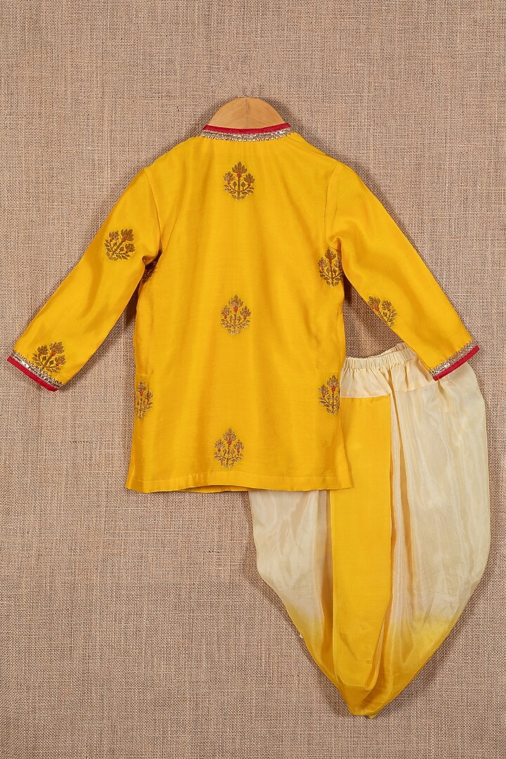 Yellow Silk Zari Boota Embroidered Angrakha Kurta Set For Boys by Minikin at Pernia's Pop Up Shop