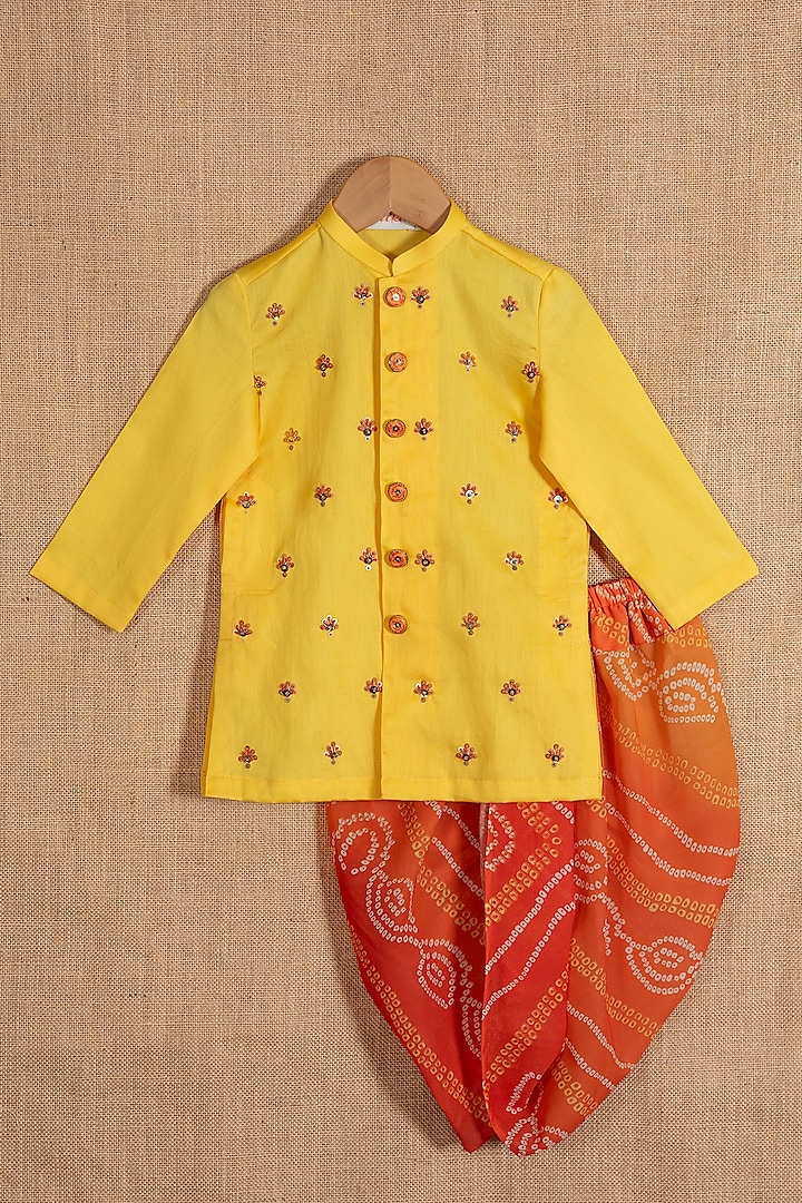 Orange Cotton Silk Bandhej Printed Dhoti Set For Boys by Minikin