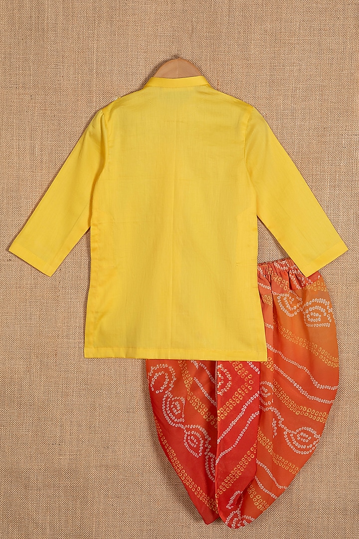 Orange Cotton Silk Bandhej Printed Dhoti Set For Boys by Minikin at Pernia's Pop Up Shop
