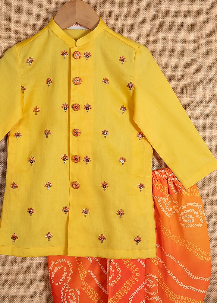 Orange Cotton Silk Bandhej Printed Dhoti Set For Boys by Minikin at Pernia's Pop Up Shop